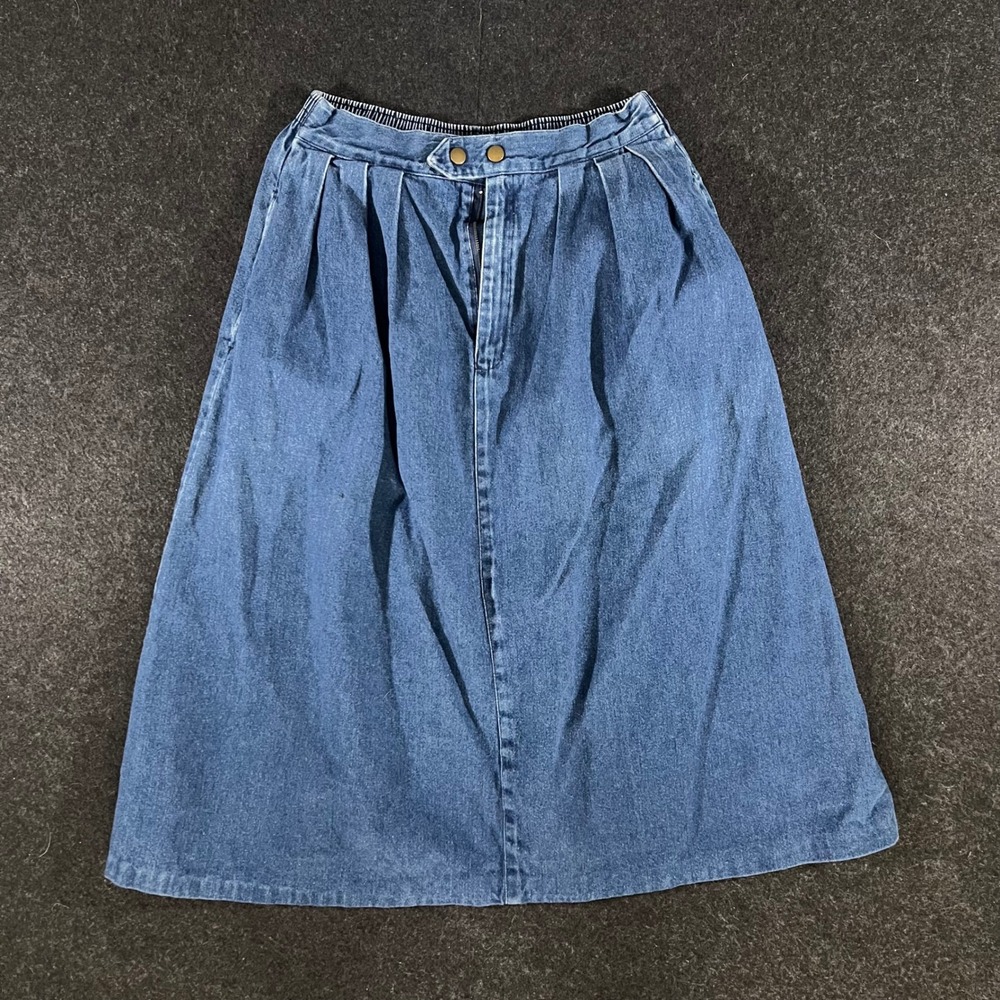 Vintage Chic Denim Midi Skirt Womens 10 Blue High Waist Cotton Made in USA 90s